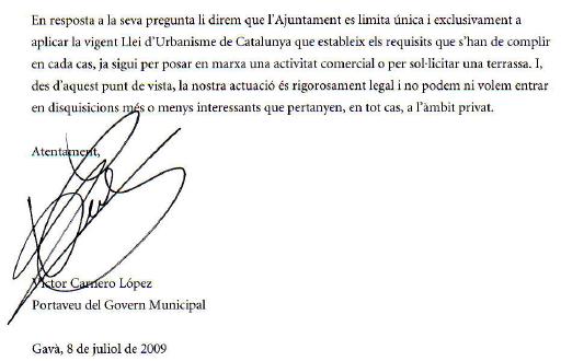Resposta de l'Ajuntament de Gav a la pregunta d'ERC-Gav sobre la terrassa de l'establiment Bonito33 de Gav Mar (8 Juliol 2009)